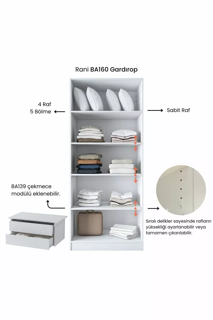 Armoire Rani  2 portes 4 étagères 5 compartiments blanc