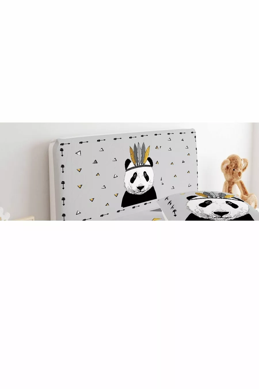 Housse de tête de lit Gris avec Panda et triangles colorés