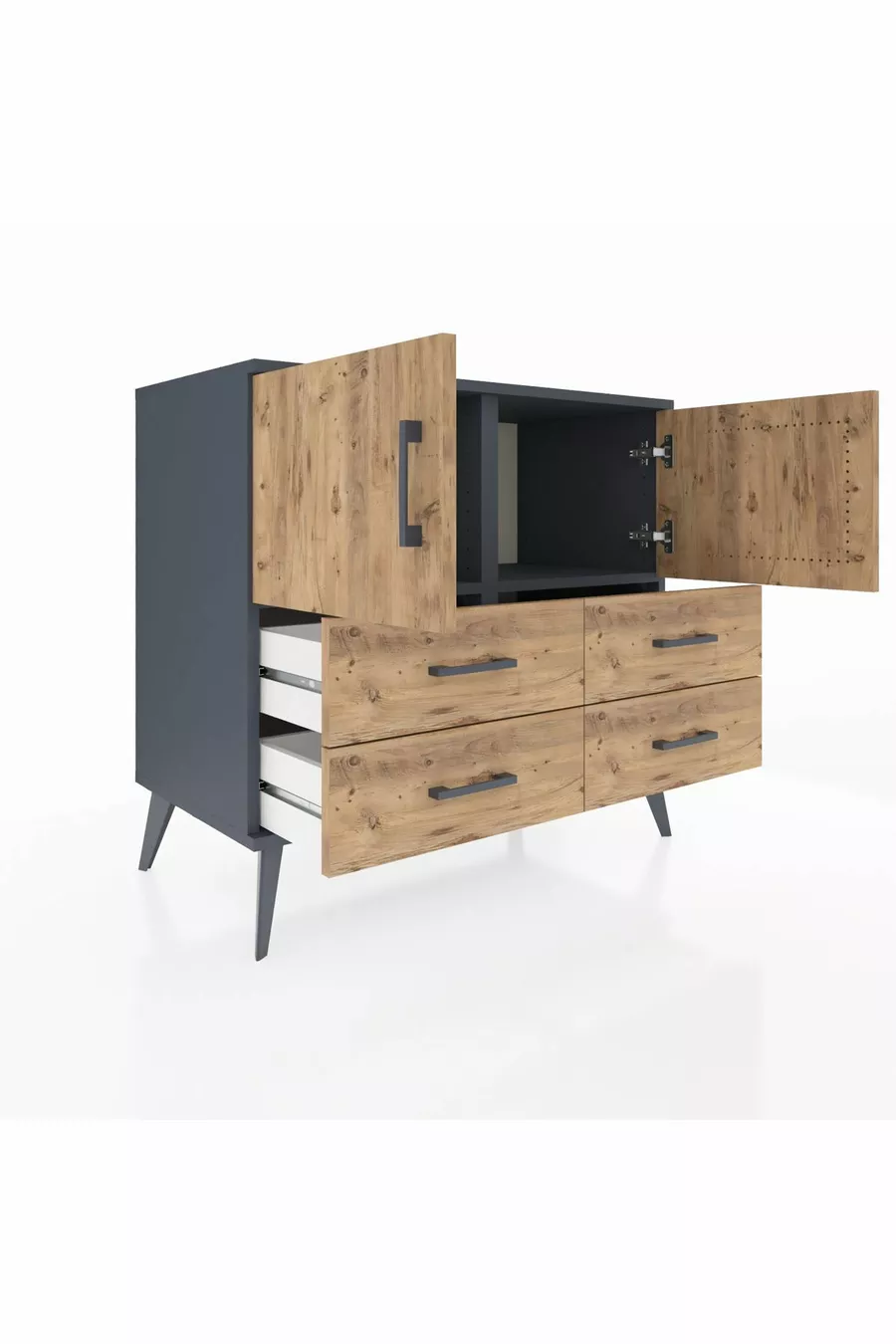 Commode Hyperion avec 2 étagères, 4 tiroirs et 2 portes, Anthracite-Sapin