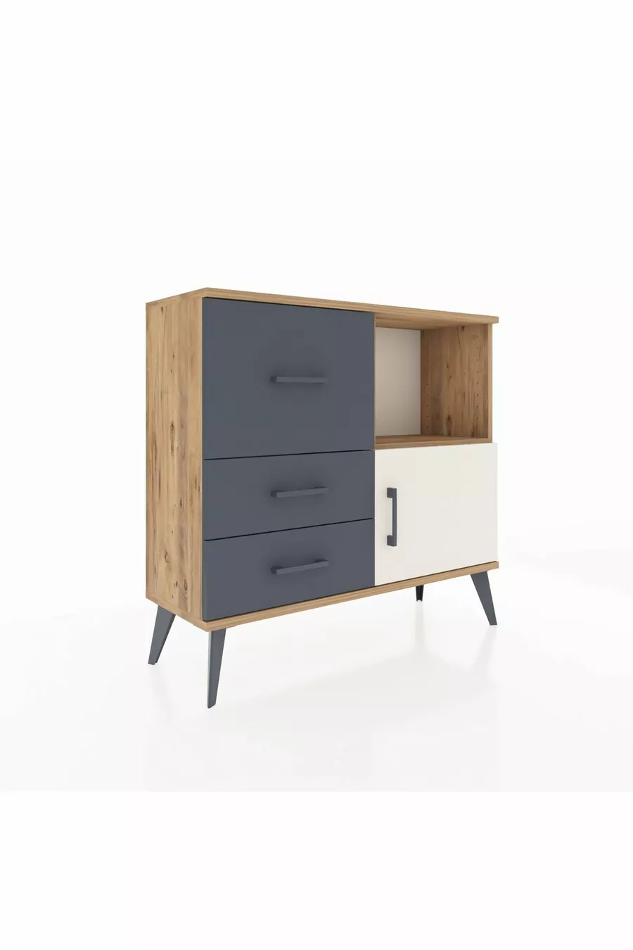 Commode Arges avec une seule étagère, 3 tiroirs et une porte, pin-gris/anthracite
