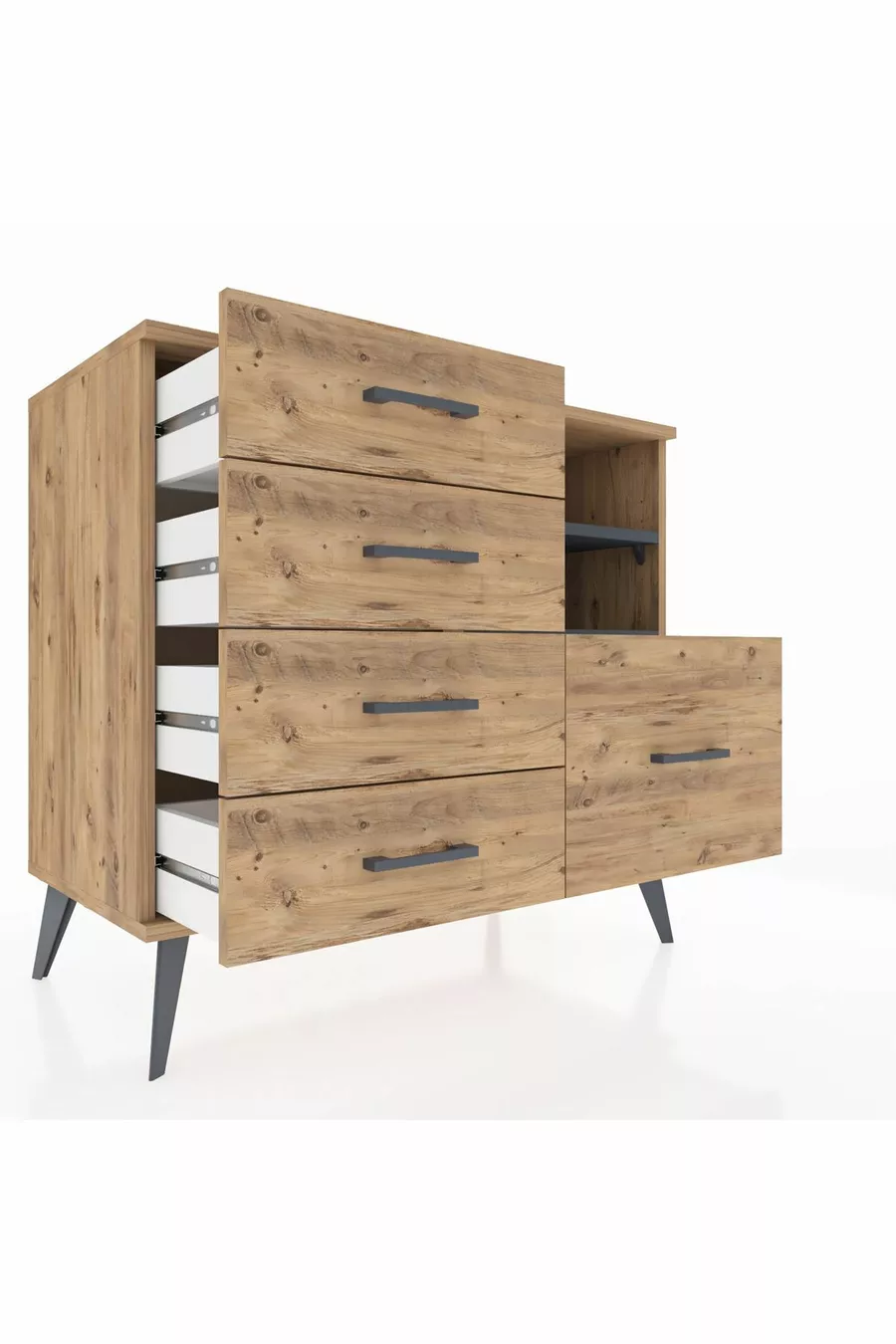 Commode Hyperion 2 étagères 5 tiroirs Pin-Anthracite/Pin