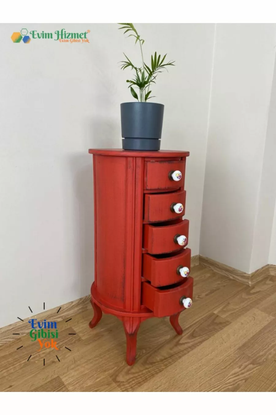 Table de chevet ronde à 5 tiroirs avec porte-plantes