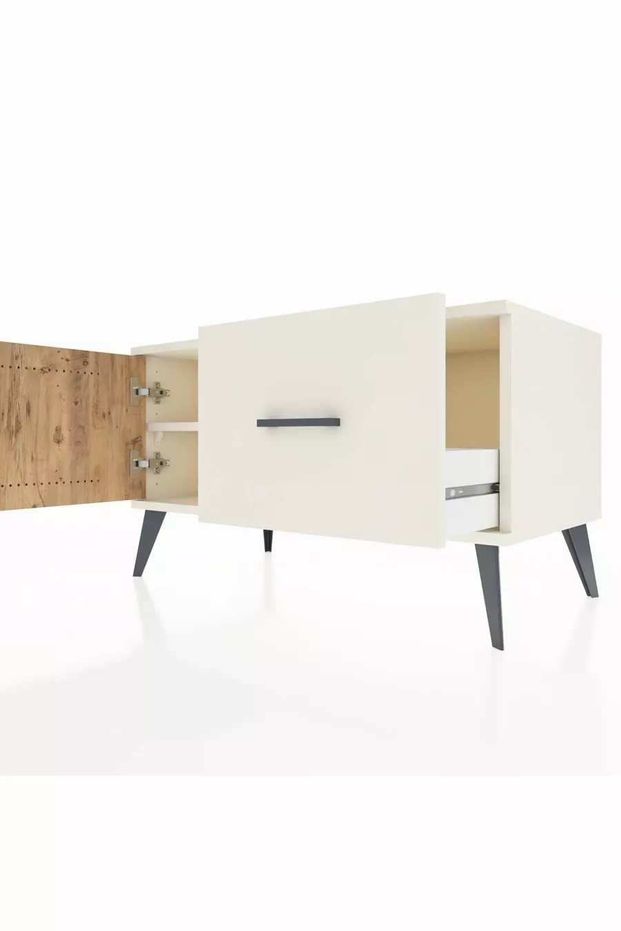 Commode Hyperion avec une étagère, un tiroir et une porte, coloris Pierre de Lune/Pin