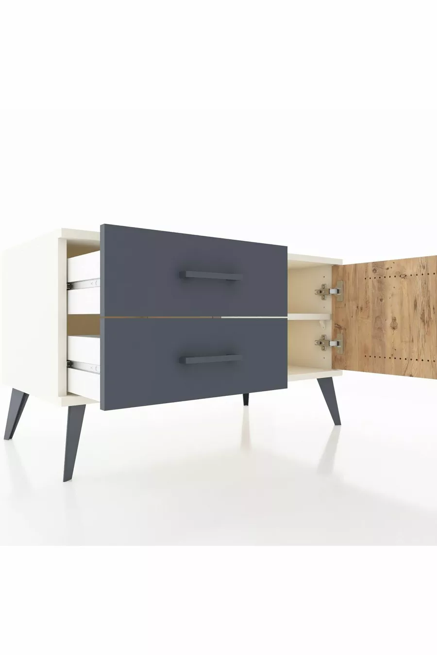 Commode Hyperion à une étagère, 2 tiroirs et une porte, Pierre de Lune-Pin/Anthracite