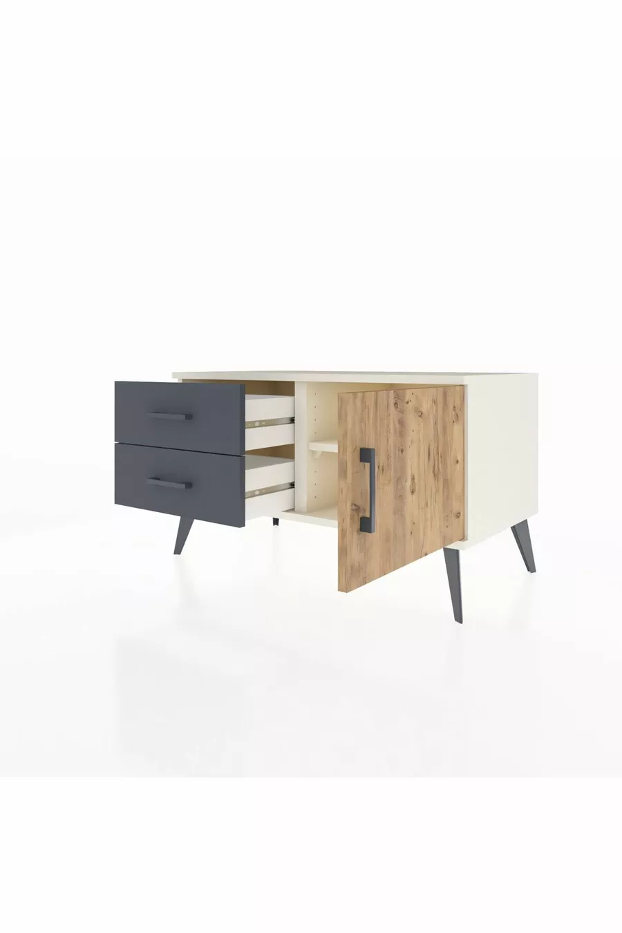 Commode Hyperion à une étagère, 2 tiroirs et une porte, Pierre de Lune-Pin/Anthracite
