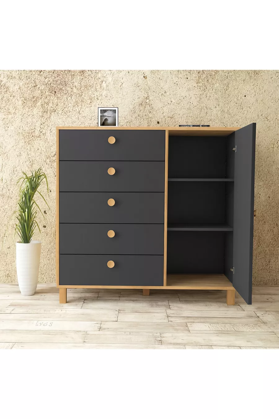 Kardela % MDF Chambre d'enfant Commode pour bébé 5 tiroirs avec porte Anthracite Pin Atlantique