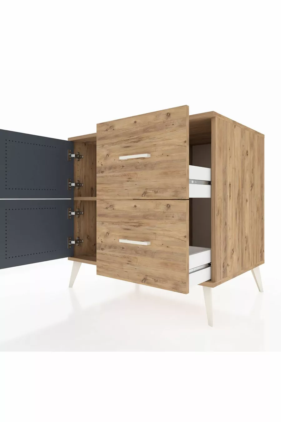 Commode Kronos à une étagère, 2 tiroirs et 2 portes, Pin-Anthracite/Pin