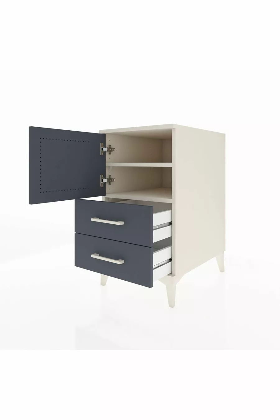 Table de chevet Kronos avec 2 étagères, 2 tiroirs et 1 porte, couleur Pierre de lune-Anthracite