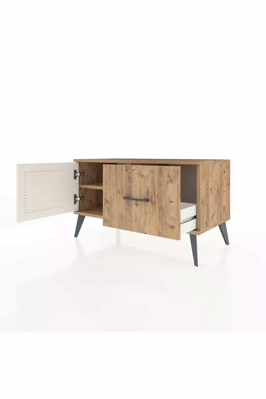 Commode Hyperion à une étagère, un tiroir et une porte, pin-pierre de lave/pin