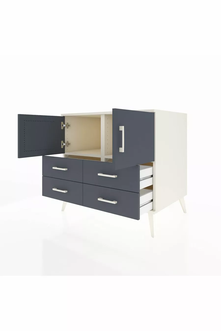 Commode Kronos avec 2 étagères, 4 tiroirs et 2 portes, Pierre de lune-Anthracite