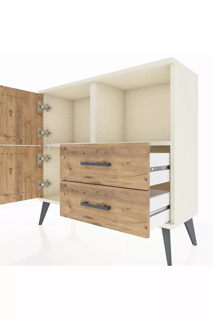 Commode Arges avec 2 étagères, 2 tiroirs et 2 portes, couleur Pierre de lune-Pin