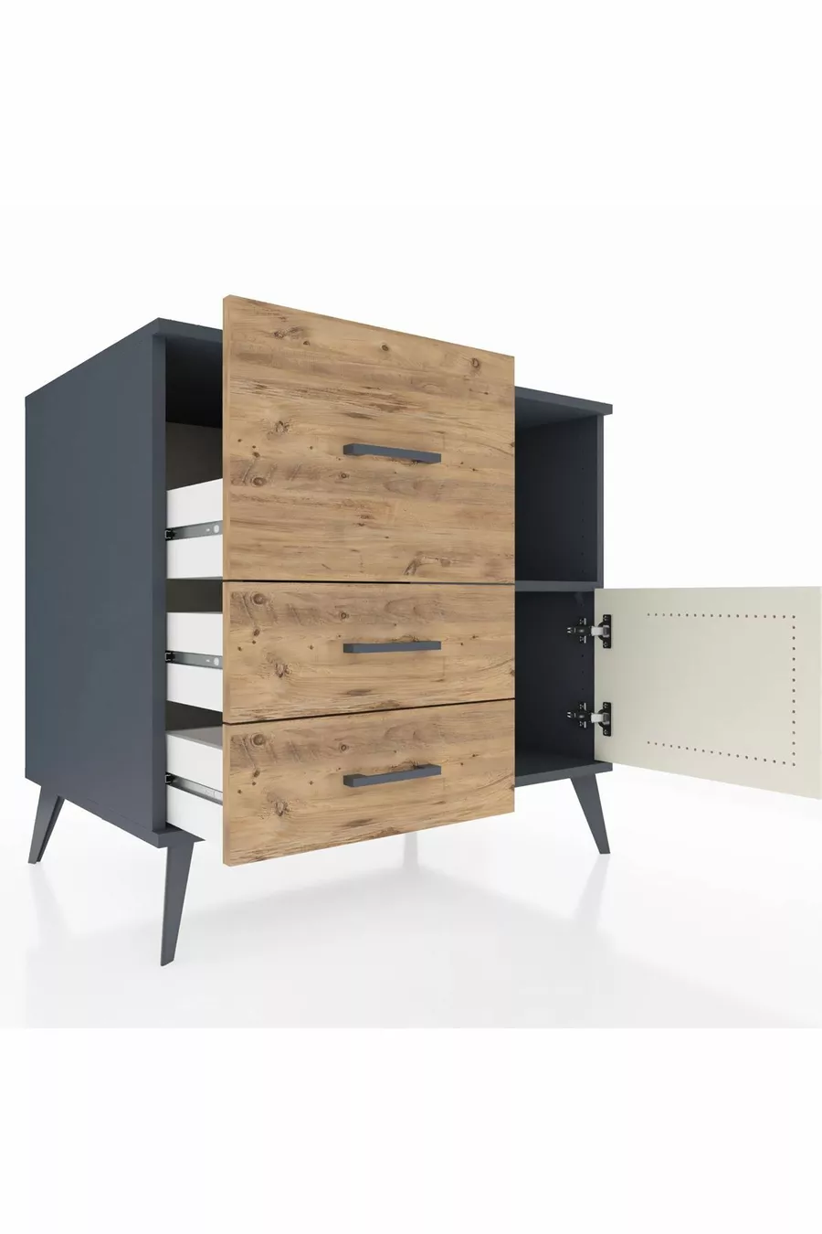 Commode Kronos à une étagère, 3 tiroirs et une porte, Anthracite-Pierre de lune/Pin