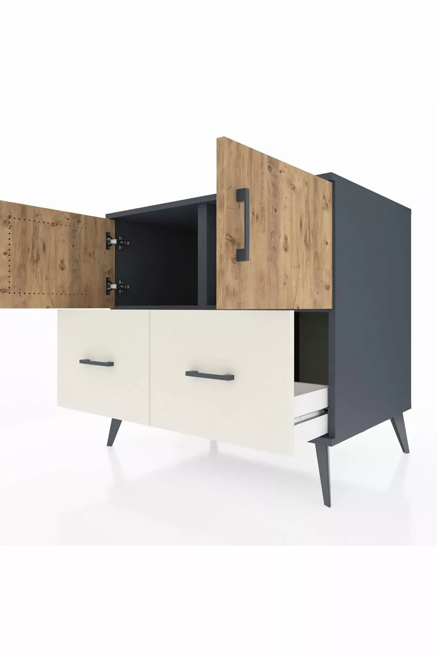 Commode Kronos 2 étagères 2 tiroirs 2 portes Anthracite-Sapin/Gris pierre