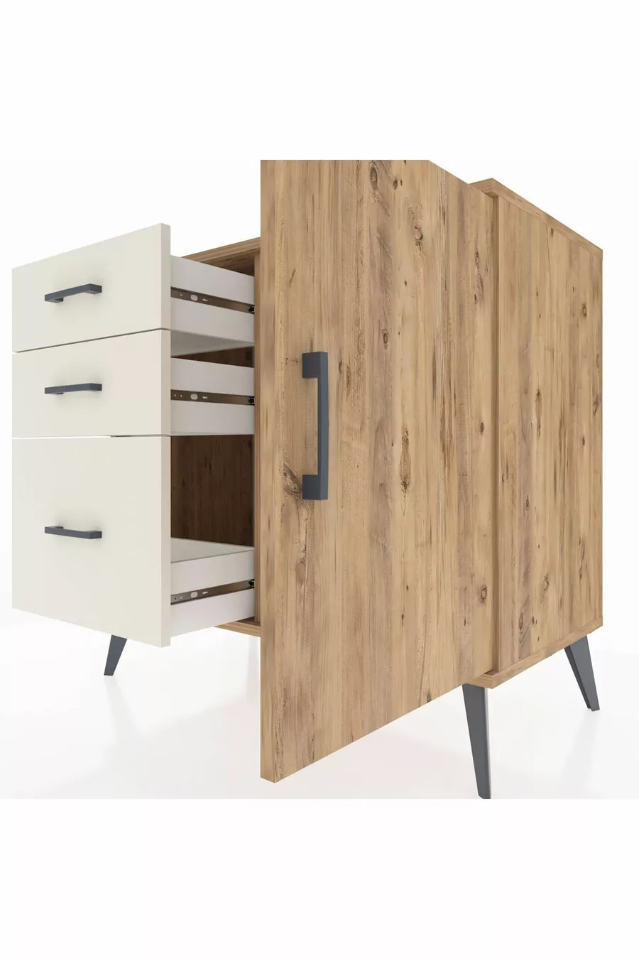 Commode Hyperion avec une étagère, 3 tiroirs et une porte, pin-pin / pierre de lune