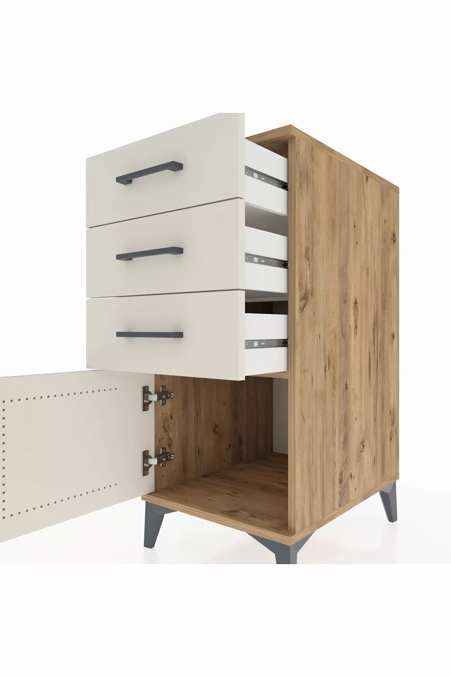 Table de chevet Kronos avec 3 tiroirs et 1 porte en pin-onyx