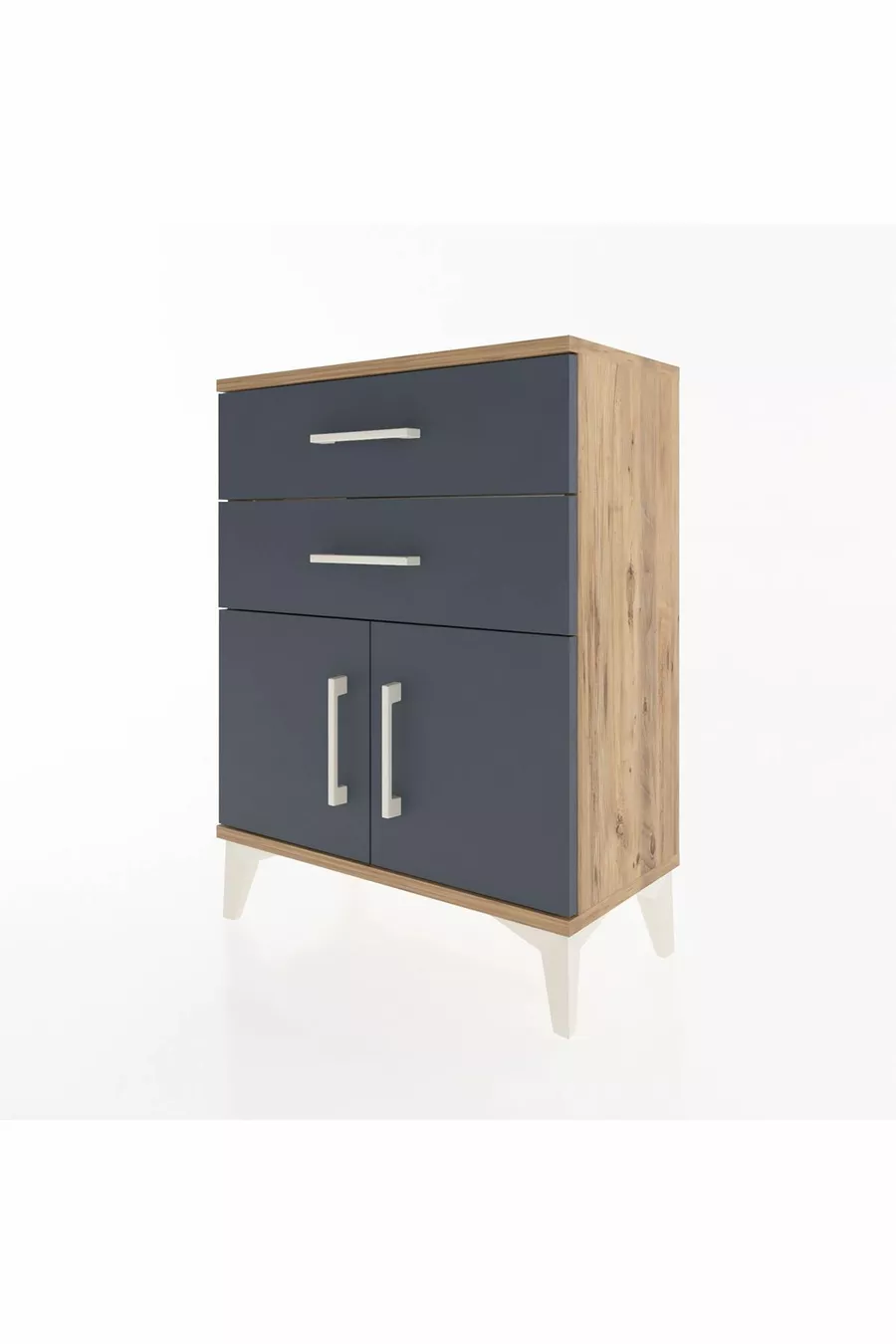 Table de chevet Arges avec une étagère, 2 tiroirs et 2 portes, pin-anthracite