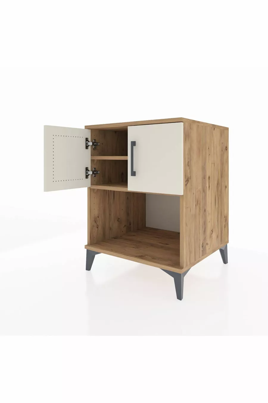 Table de chevet Kronos avec 2 étagères et 2 portes, pin-pierre d'orme