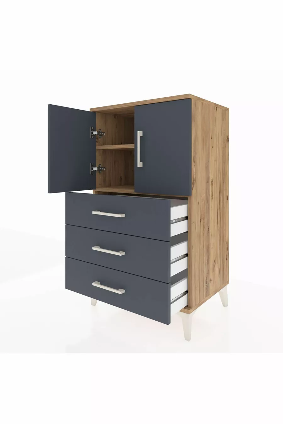 Commode Hyperion à 2 étagères, 3 tiroirs, 2 portes, pin-anthracite