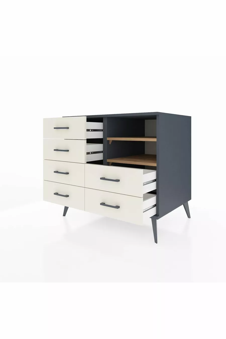 Commode Kronos 2 étagères 6 tiroirs Anthracite-Sapin/Mer de pierre