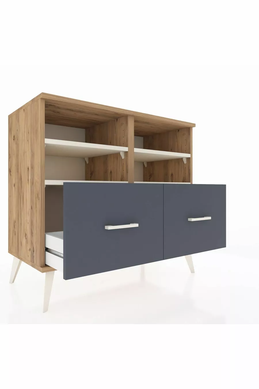 Commode Hyperion 4 étagères 2 tiroirs Pin-Aya/Anthracite