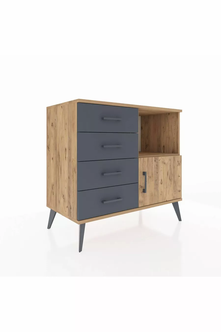 Commode Hyperion avec une seule étagère, 4 tiroirs et une porte, Pin-Pin/Anthracite