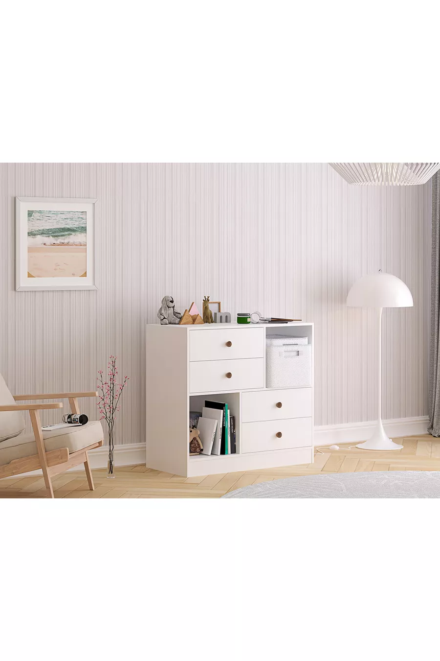 Commode Elif moderne à 4 tiroirs et 2 étagères