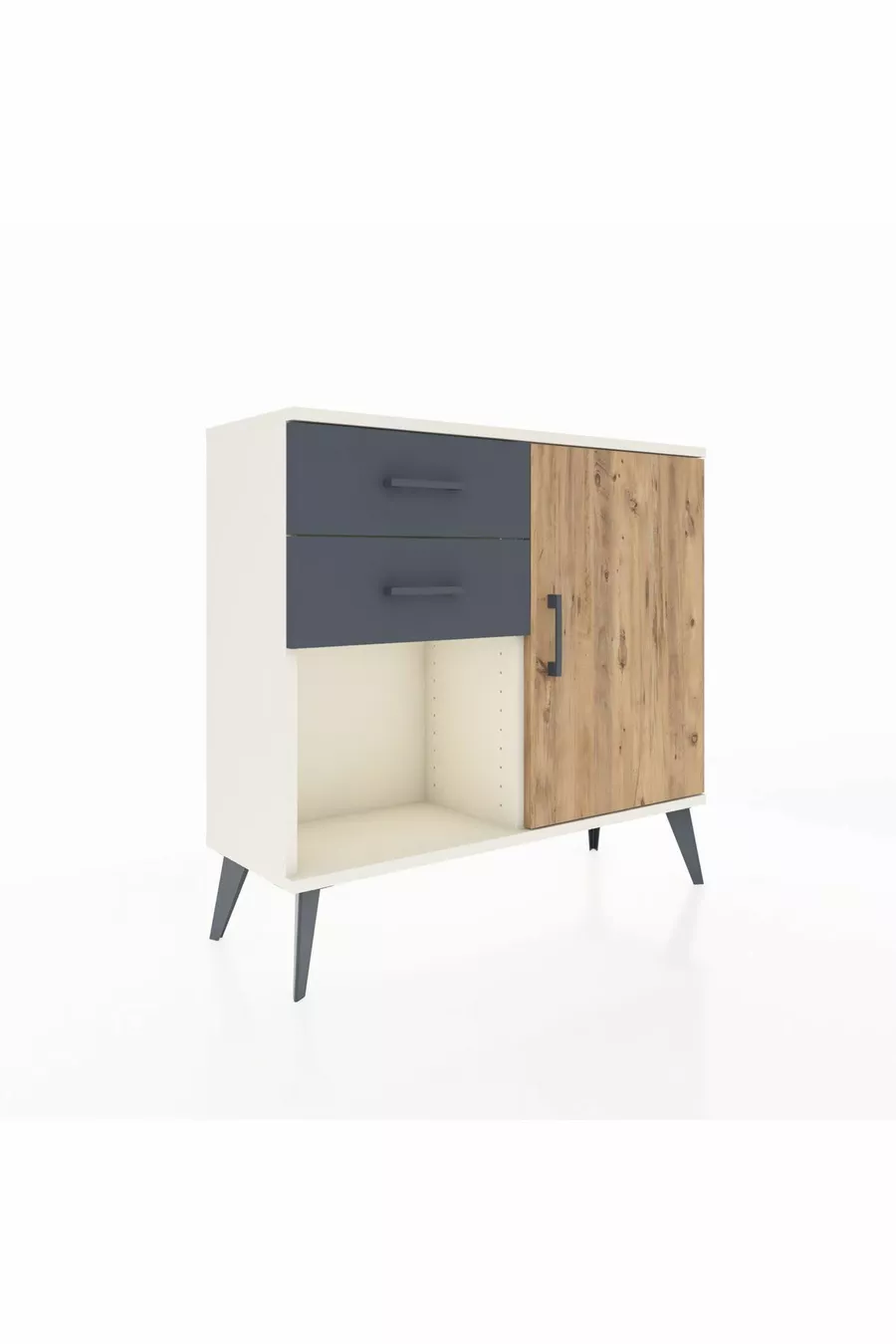 Commode Arges à une étagère, 2 tiroirs et une porte, Pierre de Lune-Pin/Anthracite