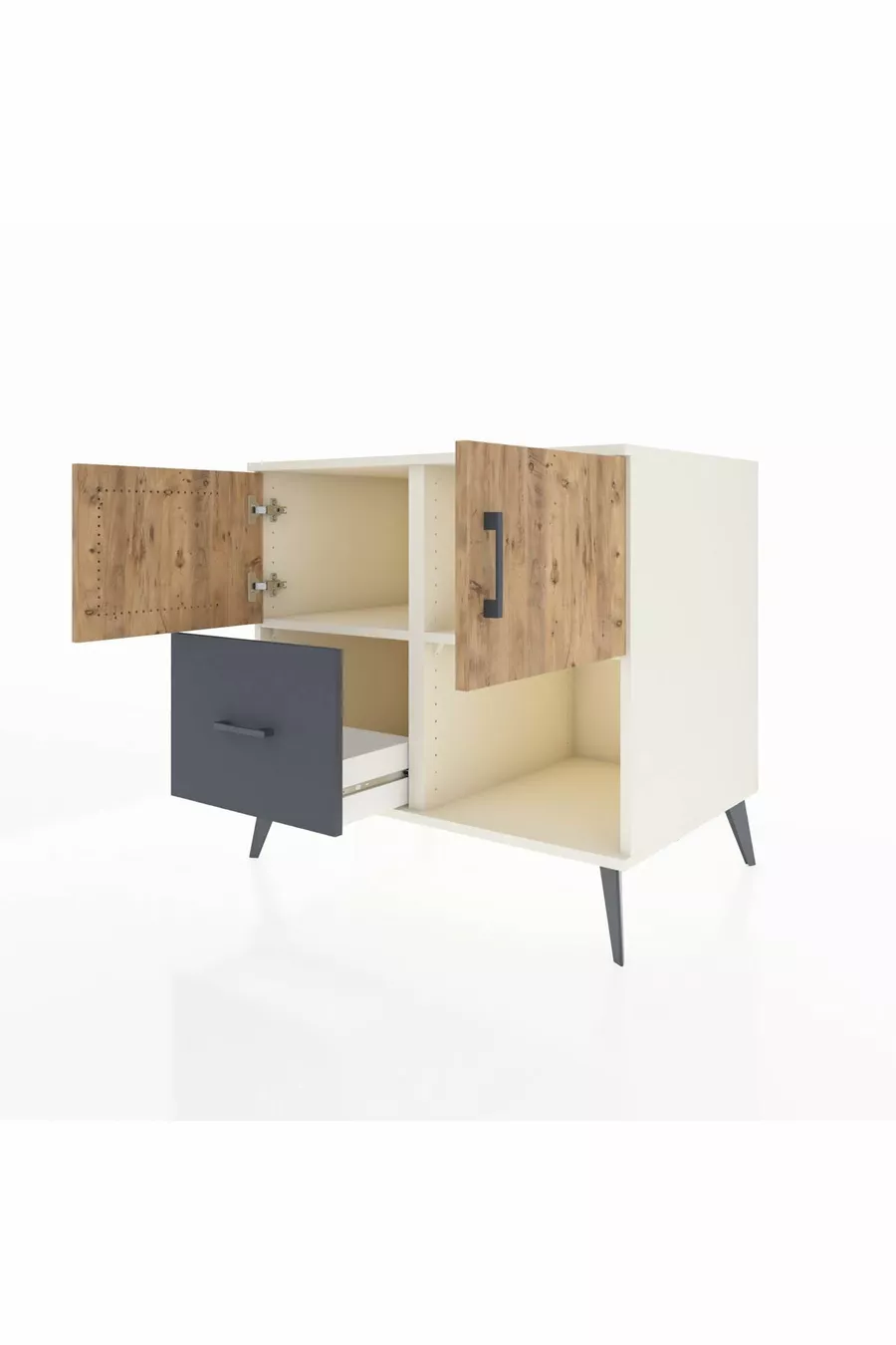 Commode Kronos avec 2 étagères, 1 tiroir et 2 portes, Albâtre-Pin/Anthracite