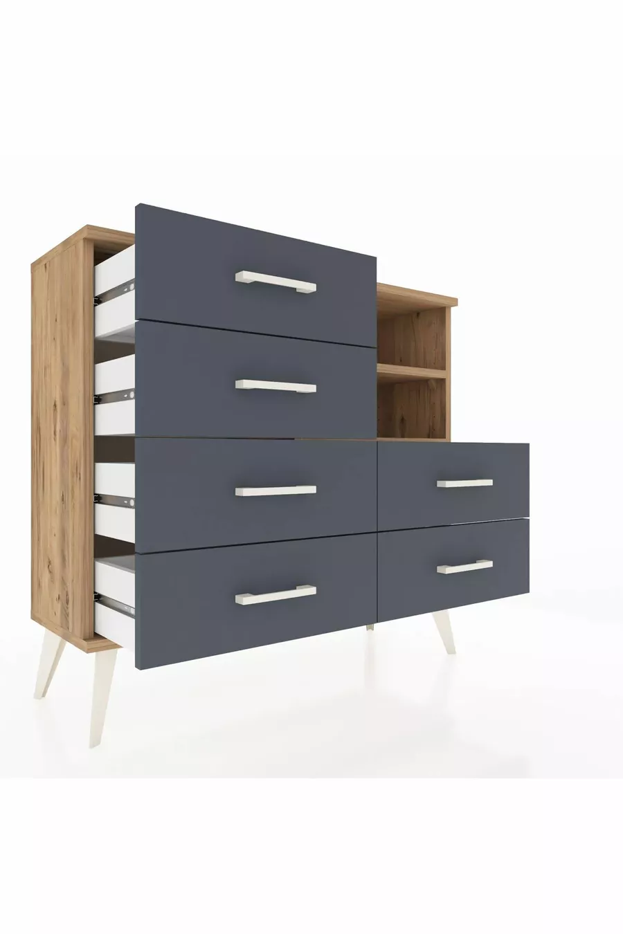Commode Arges 2 étagères 6 tiroirs Pin-Pin/Anthracite
