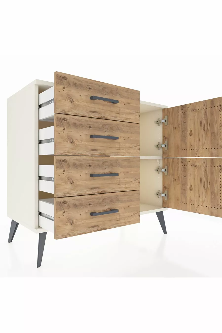 Commode Hyperion à une étagère, 4 tiroirs et 2 portes, Pierre de lune-Pin