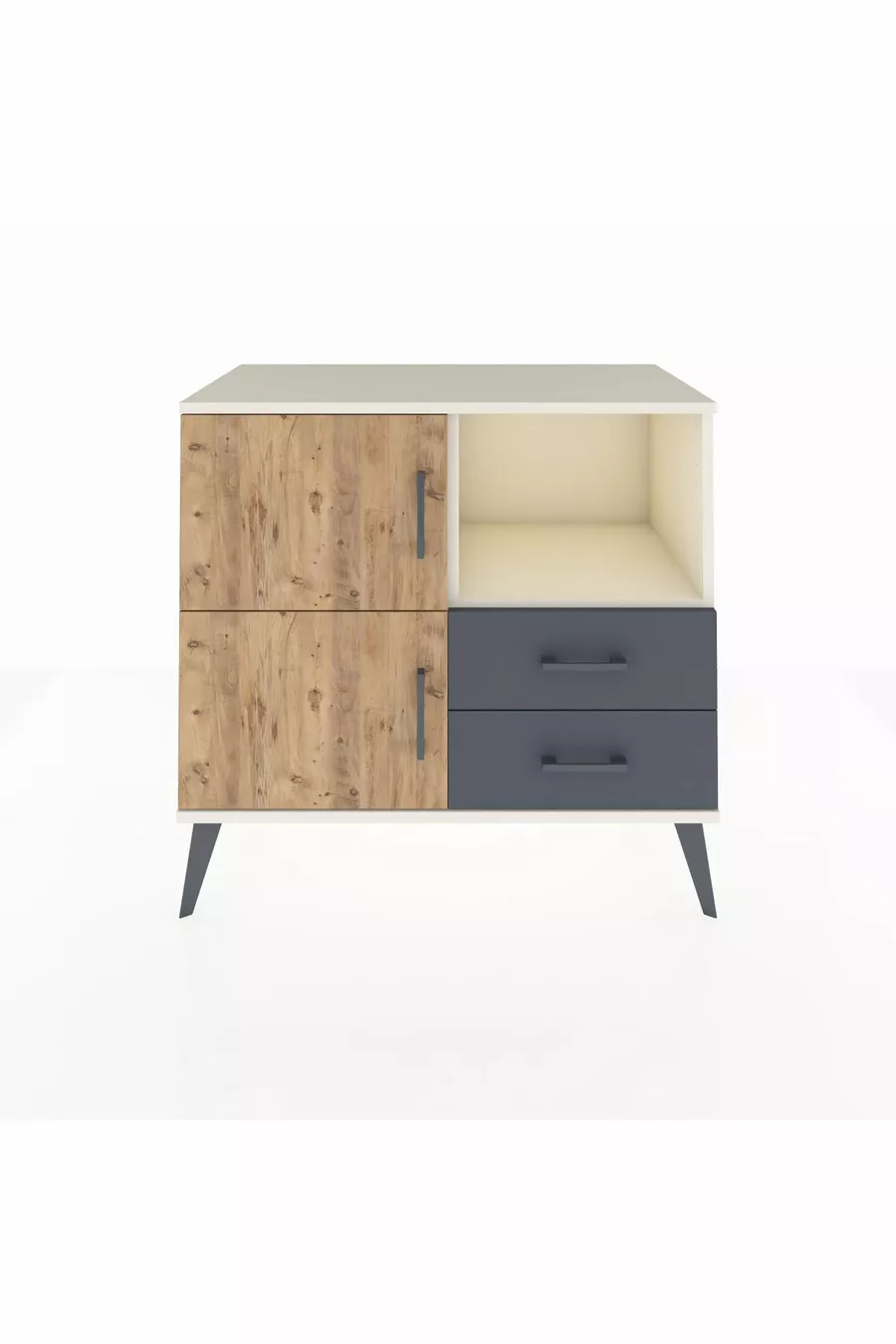 Commode Hyperion 2 étagères 2 tiroirs 2 portes Pierre de Lune-Sapin/Anthracite