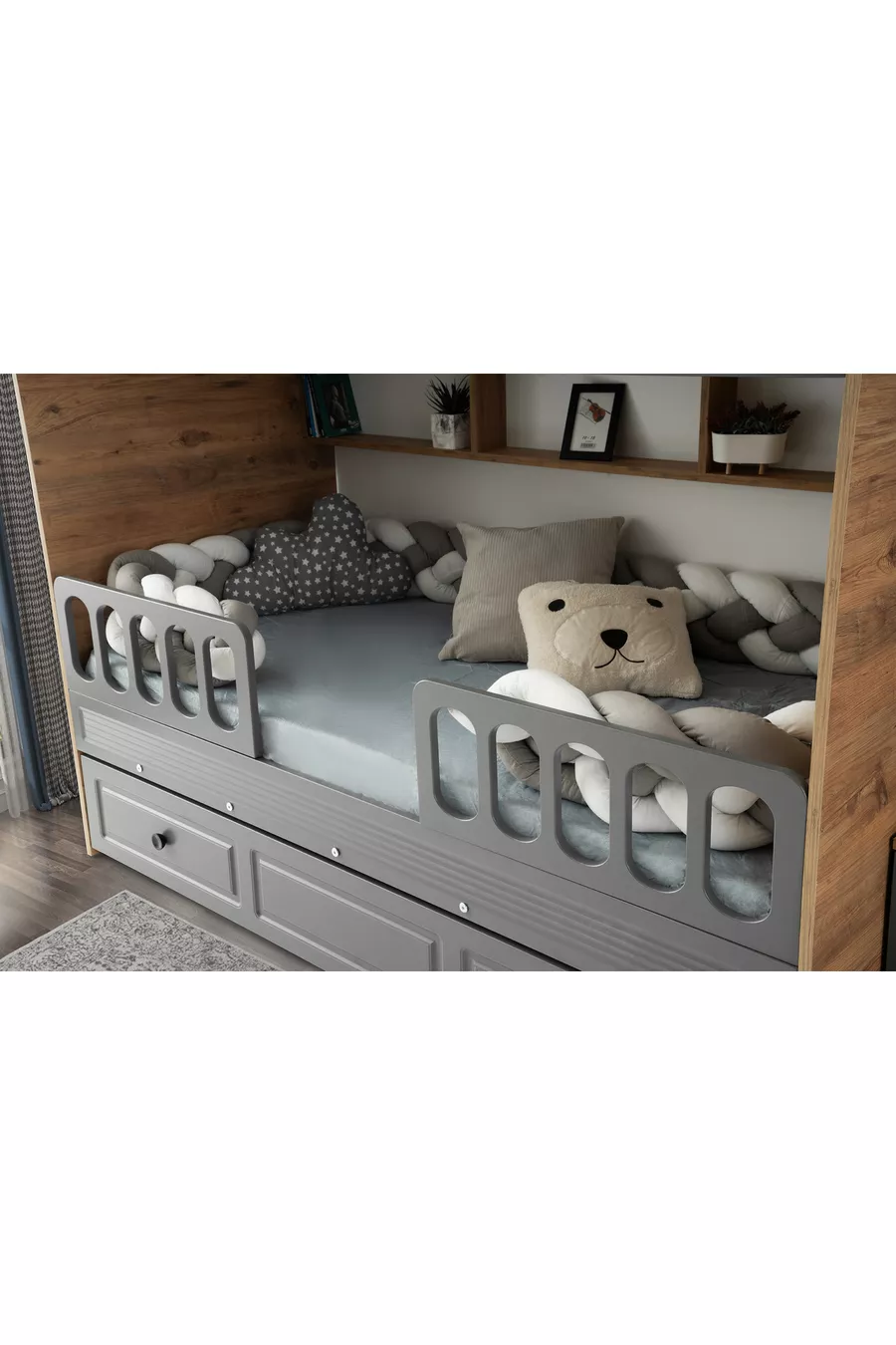 Lits superposés avec volets / Pin-anthracite / Installation gratuite / 3 zones de couchage avec escalier à rangement / 100 % MDF