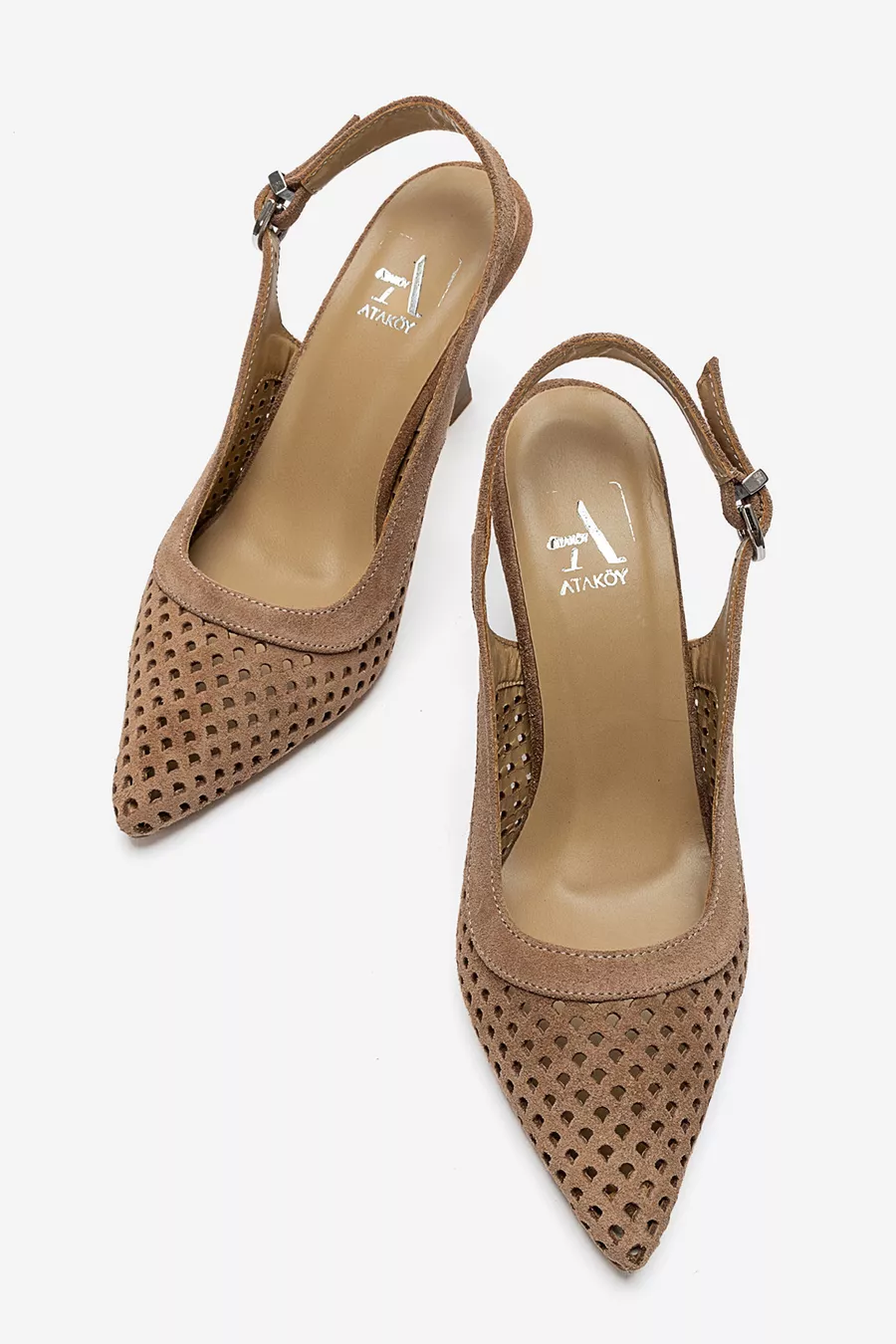 Chaussure à talon pour femme en cuir véritable, ouverte à l'arrière, perforée au laser, en suède Sıgarro