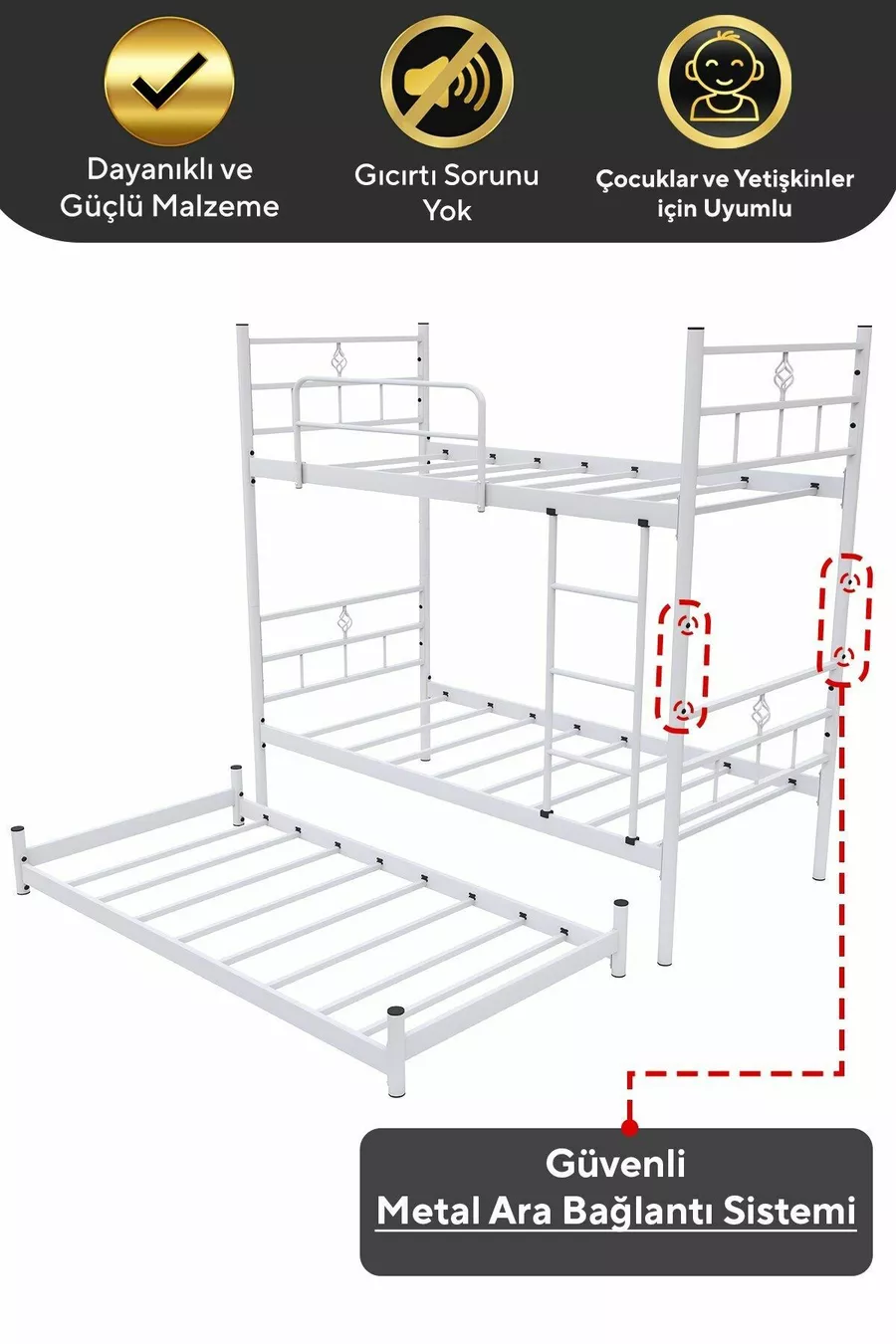 Lit superposé Koza avec tiroir, compatible avec matelas , pour 3 personnes, lit métallique blanc