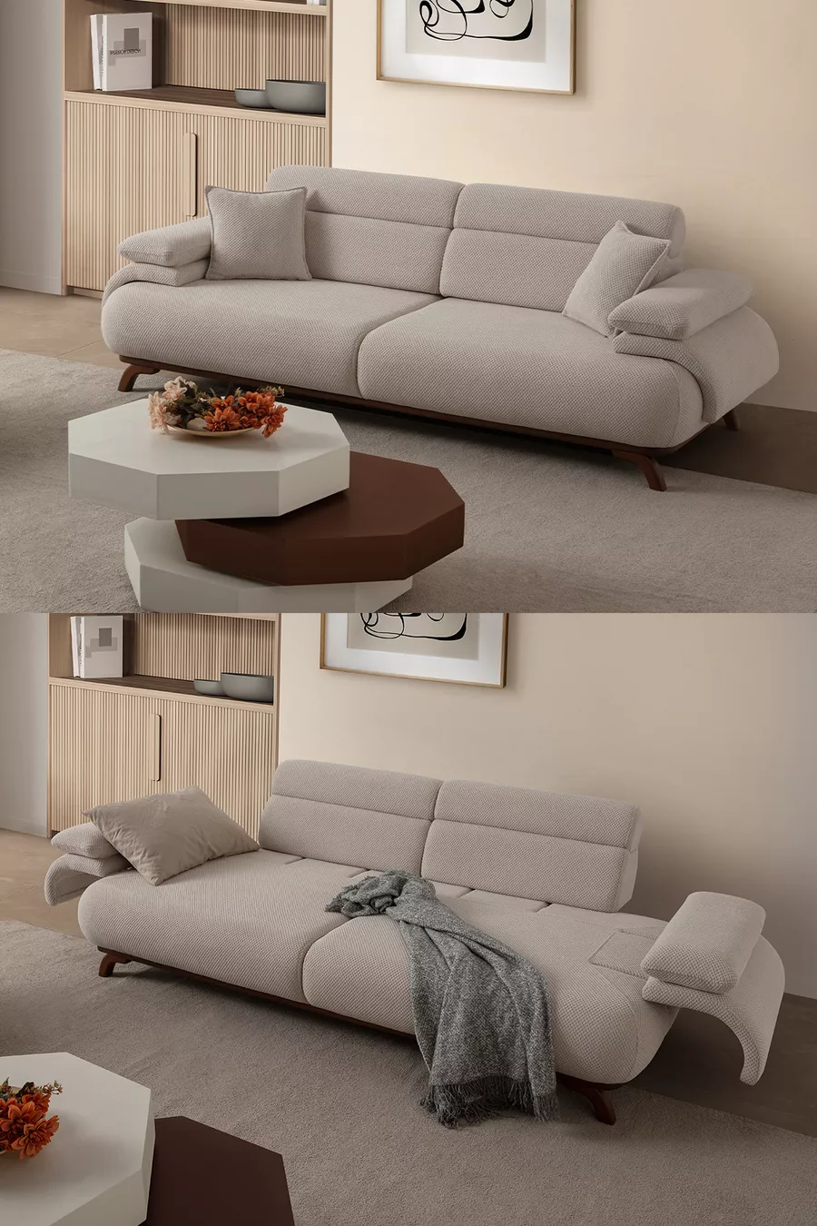 Ensemble de canapés Bonjo avec dossier à mécanisme et coffre 3+1 Beige