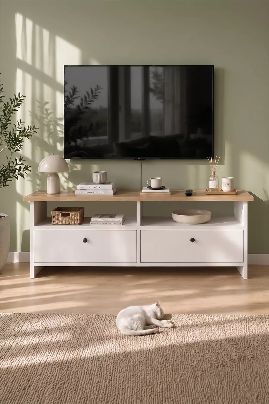 Meuble TV 2 Portes Unité TV Table TV  x  Cm Santorin Saphir Chêne Blanc