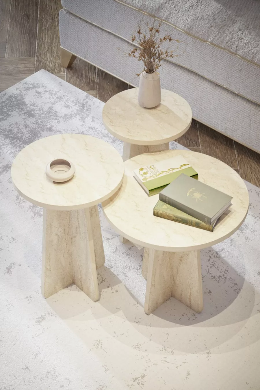 Table d'appoint en champignon scandinave large Ensemble de 3 tables gigognes Table latérale intermédiaire Motif marbre travertin