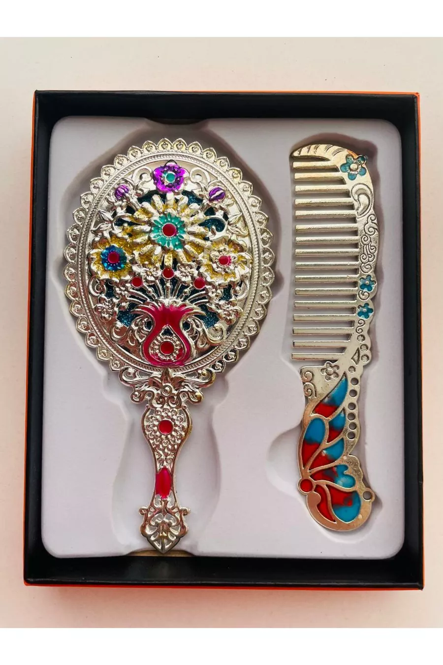 Ensemble Miroir et Peigne, Métal-Boîte-Cadeau, Brosse à Cheveux avec Miroir de  cm
