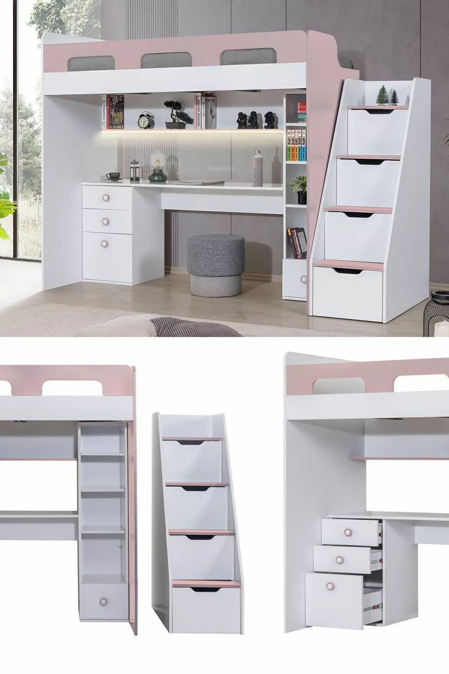 Lit superposé, bureau et bibliothèque Troya - Rose