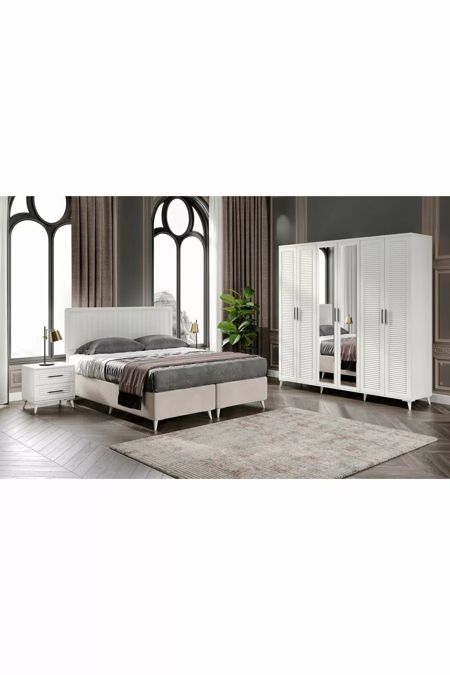 Ensemble de chambre à coucher complet en MDF avec 6 portes, blanc, avec sommier Paris