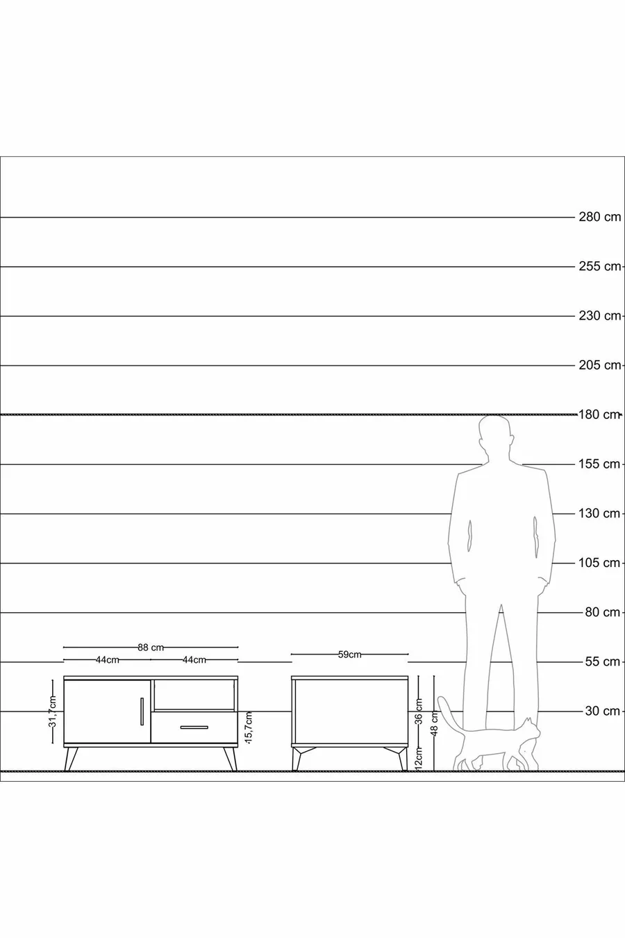 Commode Kronos 2 étagères, 1 tiroir, 1 porte, Pierre de lune-Pin