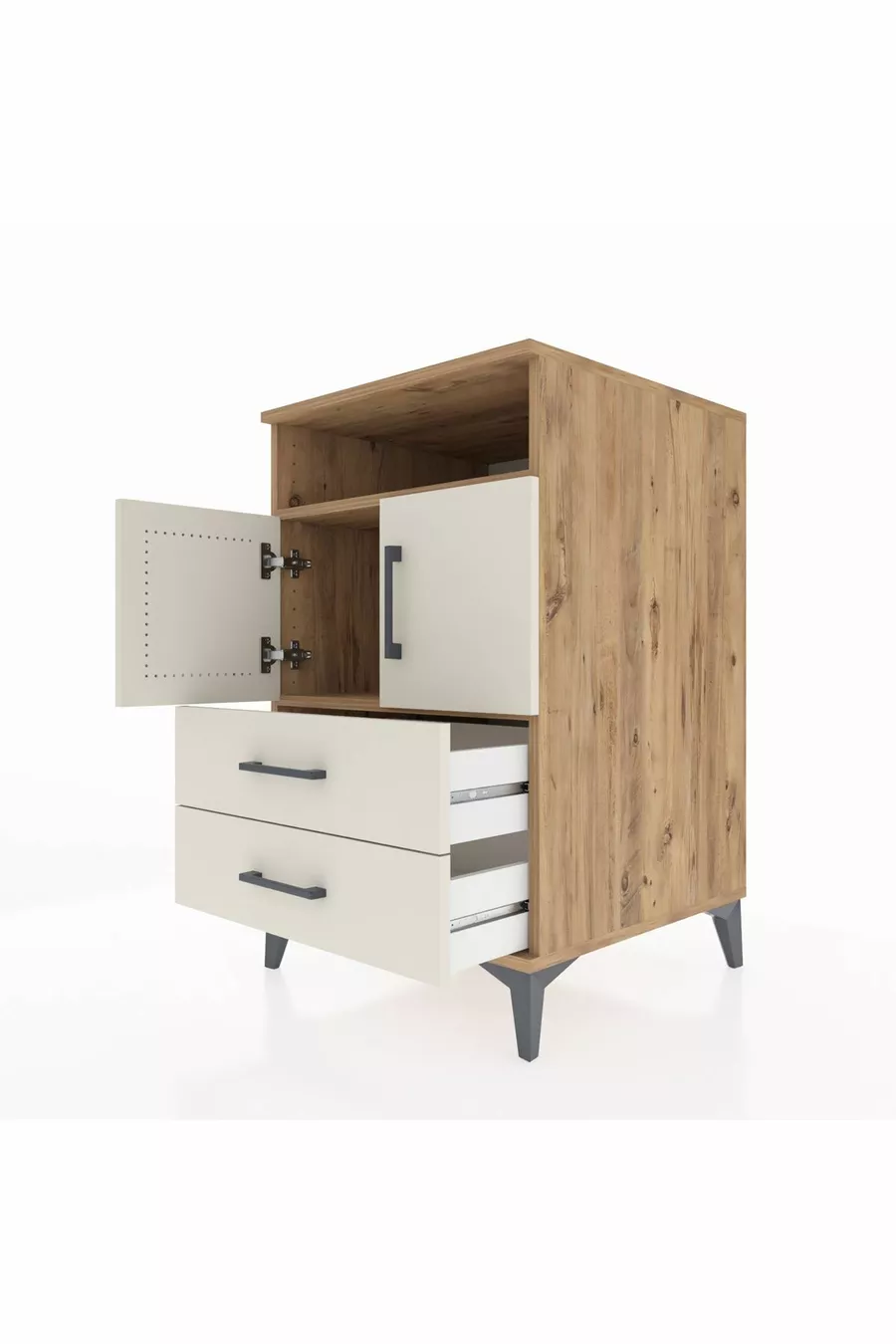 Table de chevet Kronos avec 2 étagères, 2 tiroirs et 2 portes, pin-gris