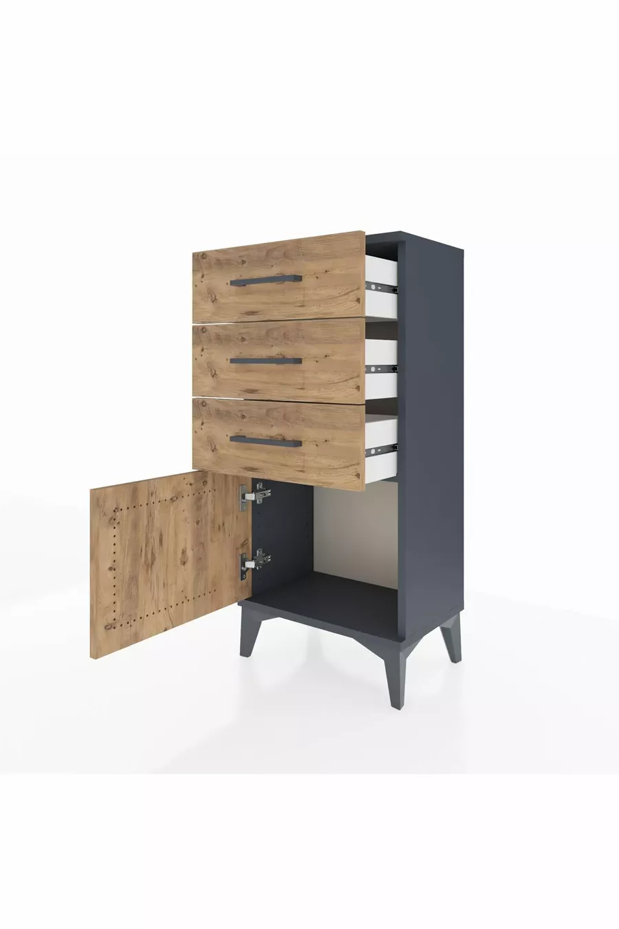 Chevet Arges avec 3 tiroirs et 1 porte, anthracite-pin