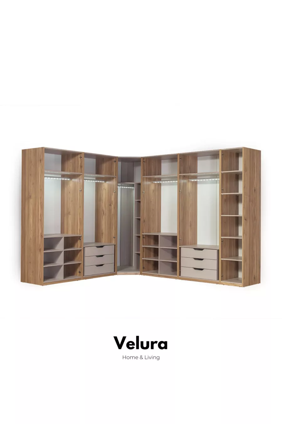 Ensemble de chambre à coucher İzgi (armoire d'angle à 9 portes + commode + table de chevet + lit)