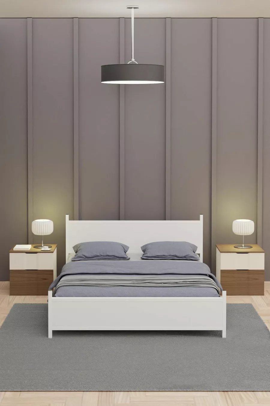 Lit double moderne GM en bois et métal, entièrement blanc