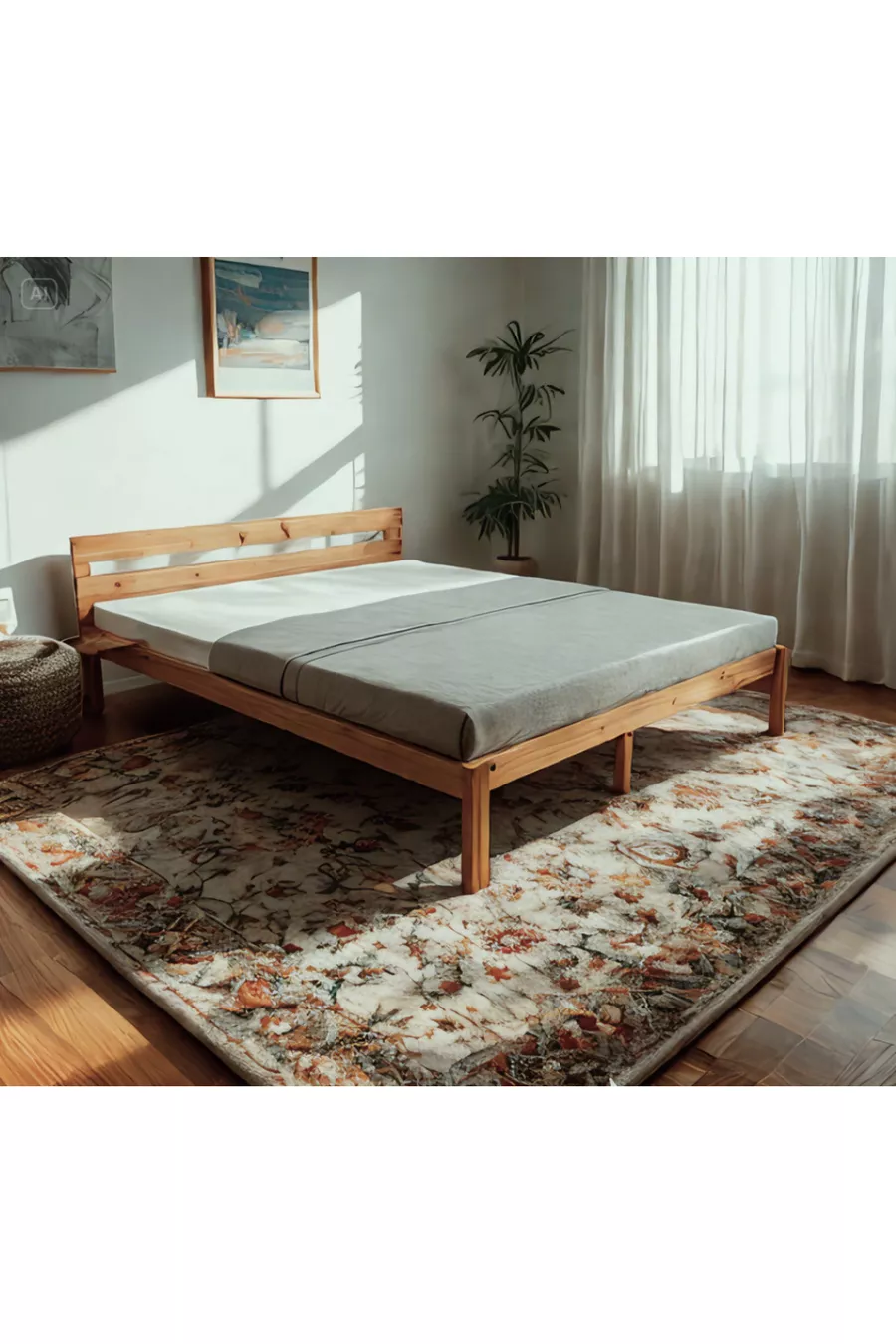 Lit tendance en bois massif naturel + 2 étagères simples pour le côté du lit offertes en cadeau