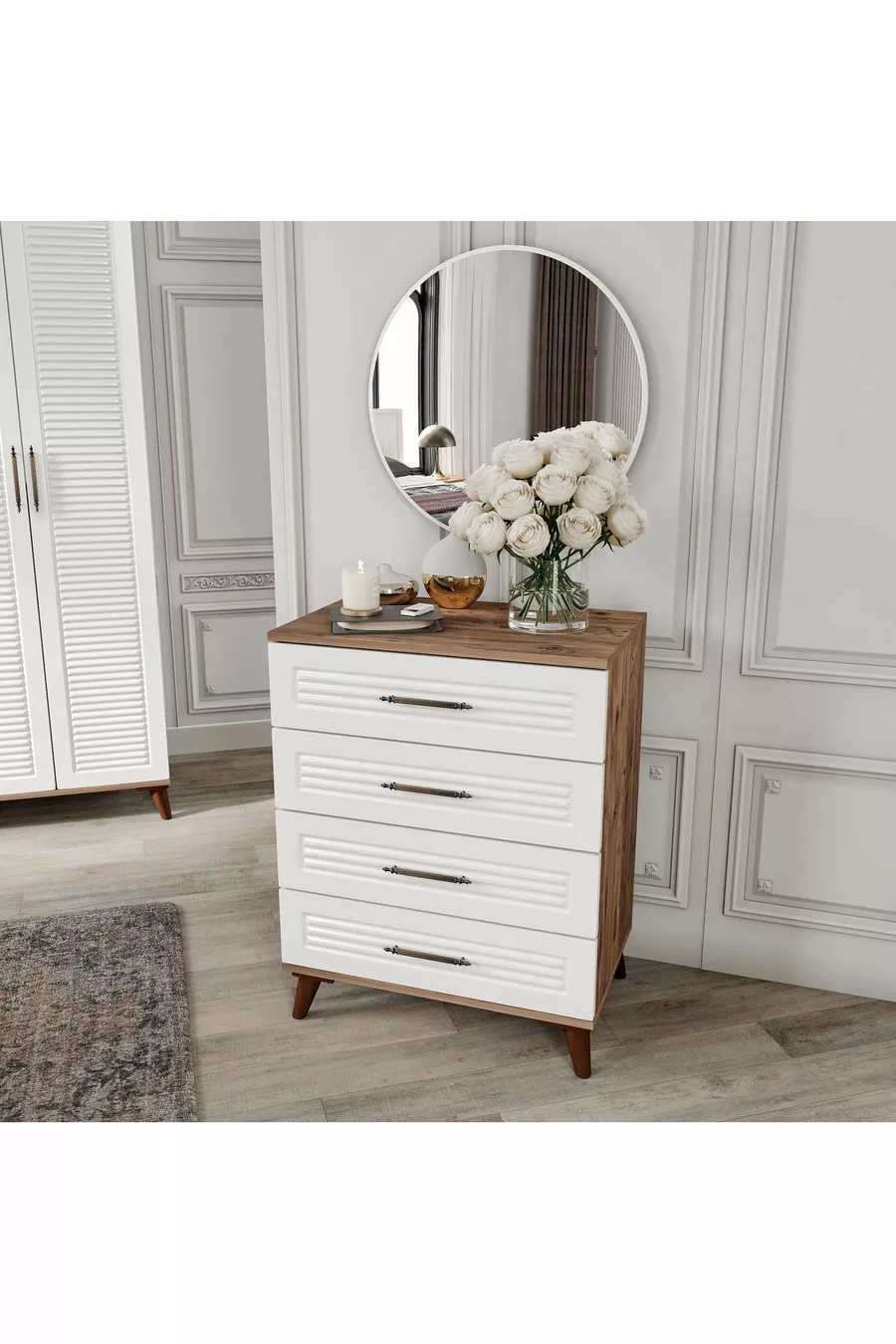 Ensemble de chambre à coucher en MDF complet Paris à 6 portes, pin Atlantique blanc (avec sommier)