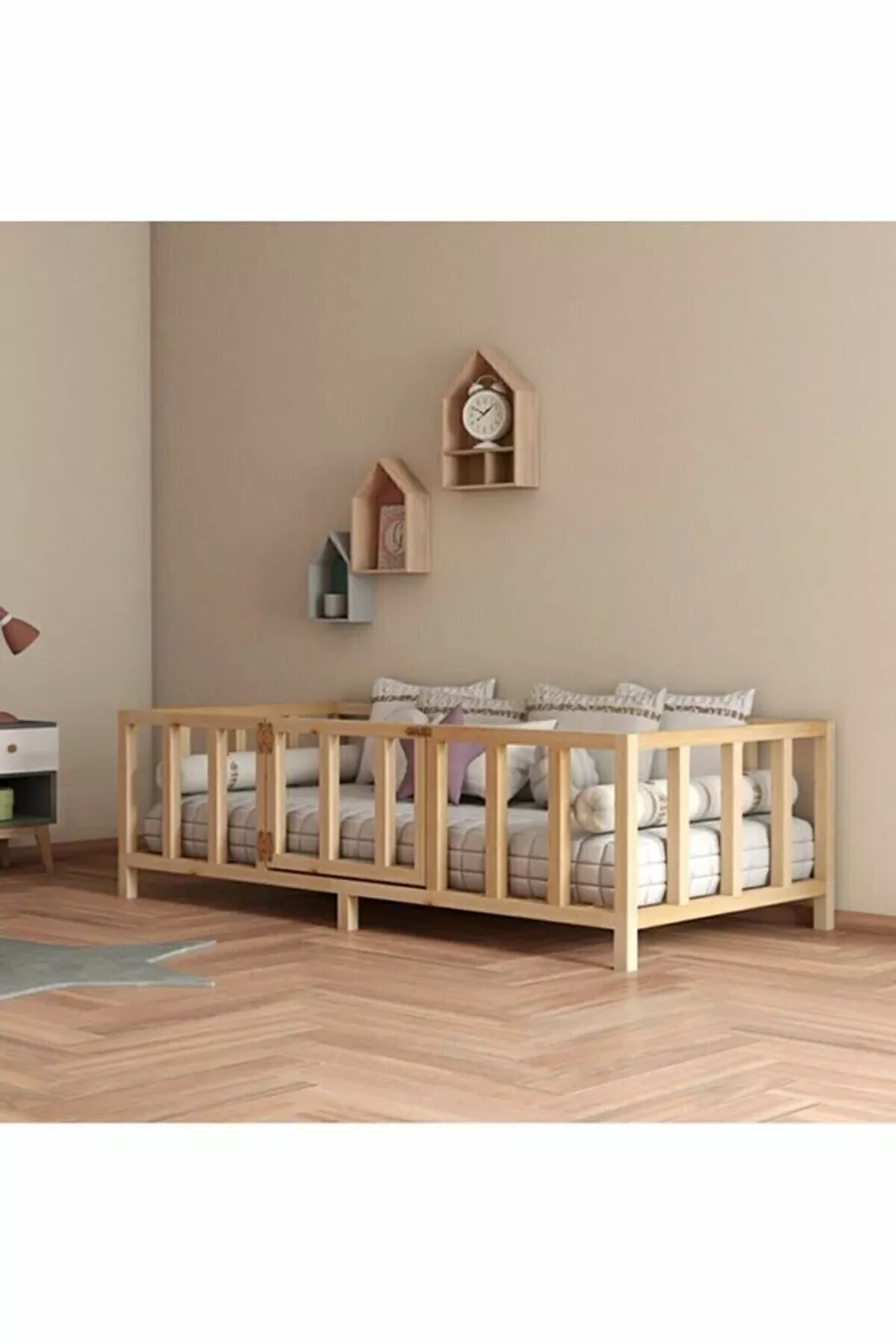 Lit Montessori Unisexe pour Bébé et Enfant avec Portes en Bois Naturel