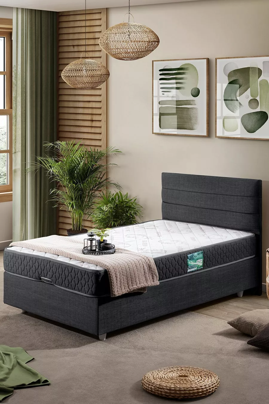 Ensemble Lit Simple Sofia avec Tête de Lit et Sommier Double Anthracite