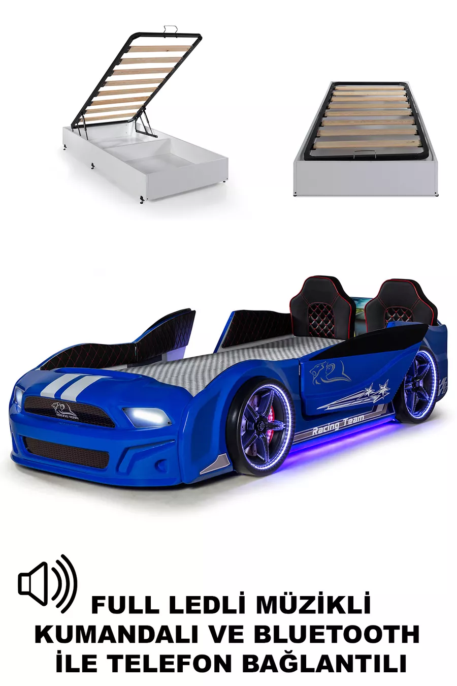 Portes de lit voiture avec base, Mustang à ouverture complète avec LED, télécommande et musique